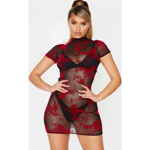 Ziamonga Floral Embroidery Sheer Mesh Dress Women Sexy Club Dresses 2020 See Through Short Sleeve Mini Bodycon Dress Vestidos