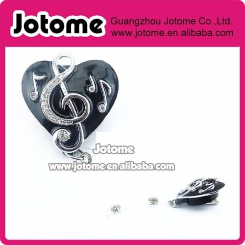50pcs/lot Enamel Heart Shape ID Badge Holder Rhinestone Musical Note Retractable Pull Badge Reel