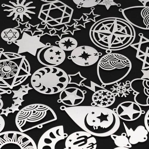 50pcs/lot Mix Designs Stainless Steel Star Moon Sun DIY Pendant Charms Connector Wholesale Finding Supplies Never Fade