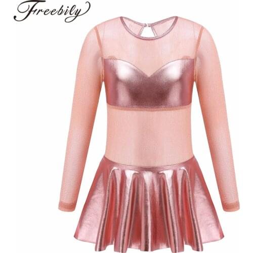 Kids Girls Glittering See-through Long Sleeve Ballet Dress Gymnastics Leotard Girls Latin Dance Tango Rumba Ballroom Dancewear