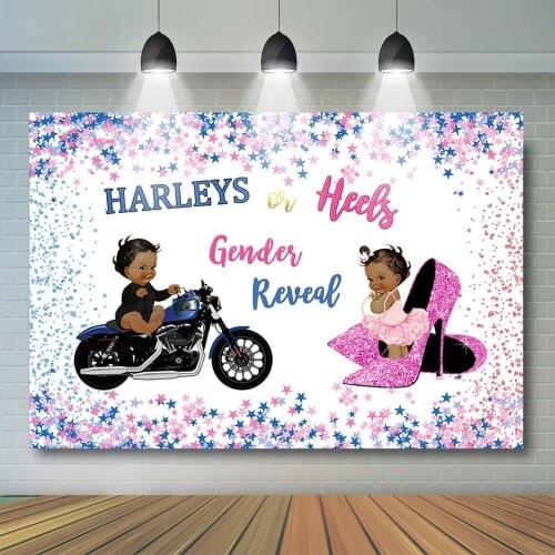 Harleys or Heels Gender Reveal Backdrop Motorcycle Wheels or Heels Baby Shower Background Blue or Pink Gender Reveal Banner