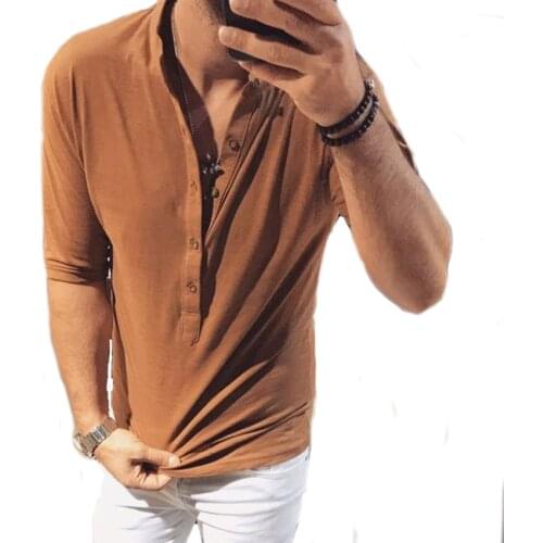Men Stylish Mid Sleeve TShirt Summer Solid Deep V Collar T-shirt Fashion Henry Collar Hipster Tops Tee Slim Fit Man Clothing