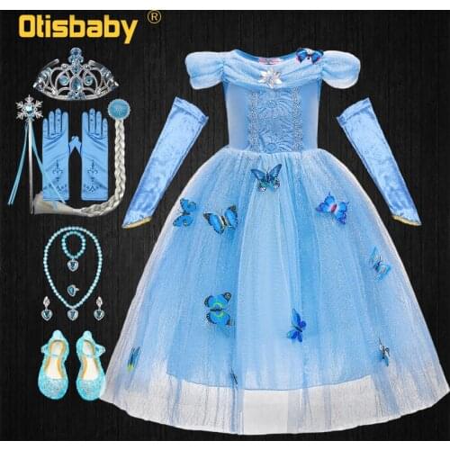 Halloween Children Girls Snow Queen Princess Cinderella Dress with 3D Butterfly Kids Christmas Birthday Party Tulle Gown Costume