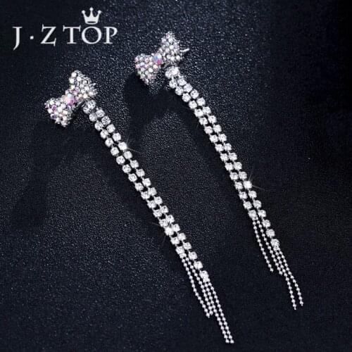 JZTOP Cute Bow Knot Crystal Tassel Drop Earring For Woman Multicolor Rhinestone Wedding Dangle Earring Silver Color Jewelry