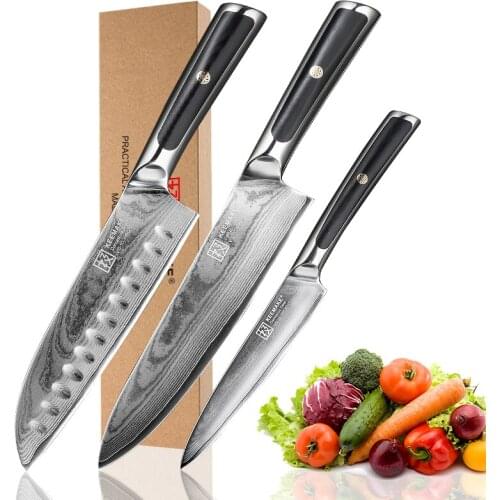 KEEMAKE High Quality Chef Knife Damascus Santoku Utility knife Japanese VG10 Steel Blade G10 Handle 3pcs Kitchen Knives Set