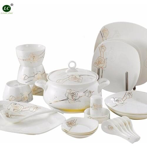Ceramic Plates Dinnerware set First level 56pcs High Quality Bone China Tableware Dish Set Combination Golden Rose
