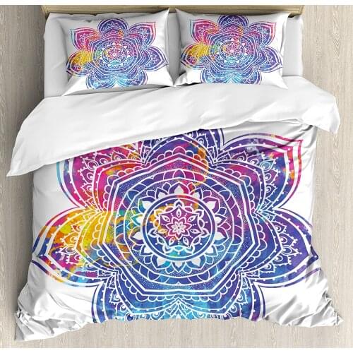 Lotus Duvet Cover Set Watercolor Vivid Mandala Artwork 3 Piece Bedding Set Violet Blue Pink Earth Yellow