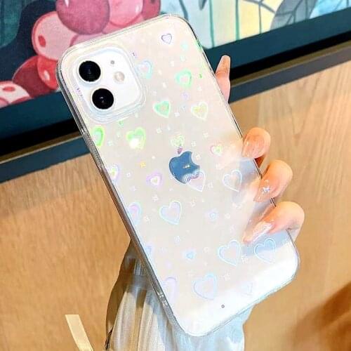 INS Fashion Colorful Love Heart Laser Phone Case For iPhone 11 12 Pro Max 12 XS Max X XR 8 7 Plus Clear Shockproof Soft Bumper