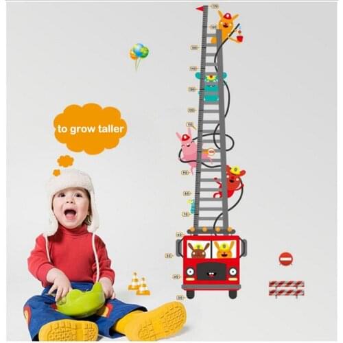Cartoon Fire Truck Firefighter Height Stickers For Kids Room Bedroom Living Room Nursery Home Decor DIY Art Wall Sticker Decals
