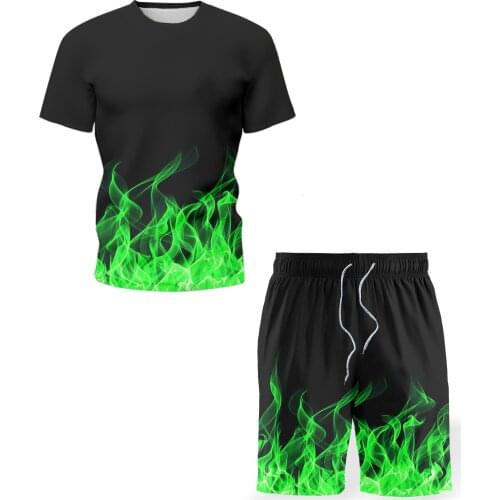 Mens Sets new 3D flame trend sportswear, fashionable and simple 2021 track and field sports suit two-piece round neck short-sle
