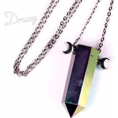 Druzy New Arrival Natural Titanium Quartz Stone Rock Crystal Point Pendant Necklace Stainless Steel Chain Necklace for Men Women
