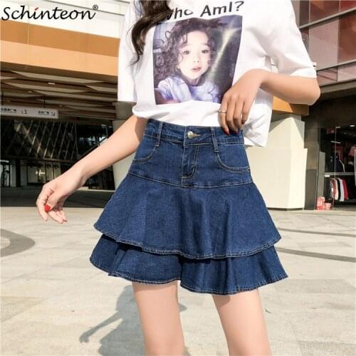 Schinteon Women Denim Mini Skirt Jeans Ruffles A-Lined Bodycon Shorts Skirt High Waist Plus Size S-9XL New Summer