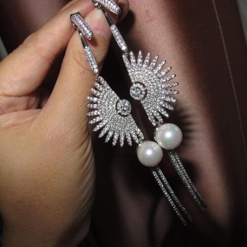 Luxury designer Zircon geometric pearl Long tassel dangle Earrings Vintage wedding party jewelry
