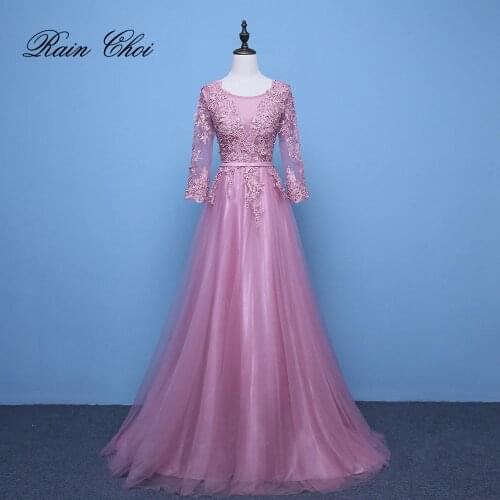 Pink Evening Dresses 3/4 Sleeves Appliques A Line Formal Party Gowns Long Prom Dress 2021 vestido de festa