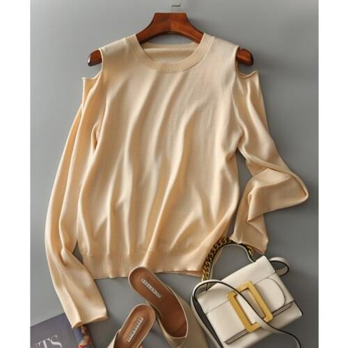 Sexy off-shoulder knitted sweater womens solid color loose pullover sweater spring and autumn womens long-sleeved top