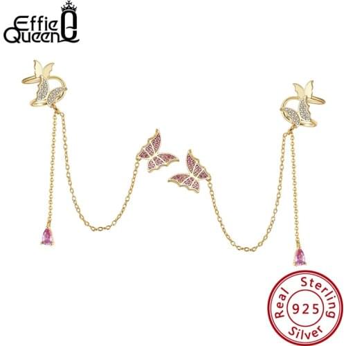 Effie Queen 14K Gold Plated 925 Sterling Silver Butterfly Earrings Long Line Drop Earrings for Women Piercing Ear Jewelry SE340