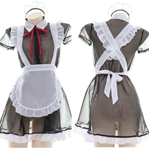 Japanese Super transparent Maid Outfit Semi-permeable Nightdress Girls Student Ruffle Sexy Apron pajamas Princess Dress