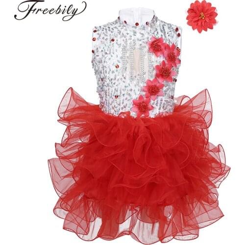 Girls hip-hop jazz ballroom dance Costume Sequins Rhinestone Flowers Ballet Tutu Dress for Chidren Stage Performance Danewear