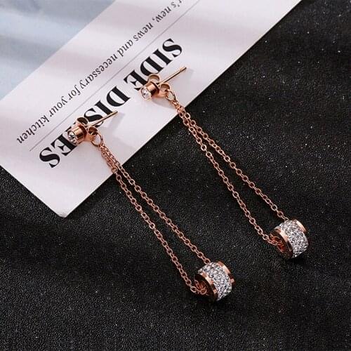YUN RUO New Arrival Elegant Crystal Round Dangle Earring Woman Rose Gold Color Titanium Steel Jewelry Birthday Gift Never Fade