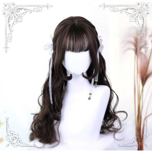 High Quality Lolita Black Tea Air Bangs Female Loveliness 70CM+ Long Curly Hair Wig Cosplay Party