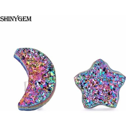 ShinyGem Cute Moon & Star Natural Stone Earrings Lovely Asymmetric Stud Earring Sparkling Rainbow Druzy Party Earrings For Women