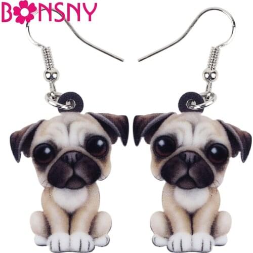 Bonsny Drop Acrylic Cartoon French Bull Pug Dog Big Long Dangle Earrings Novelty Animal Jewelry For Girls Women Lady Decoration