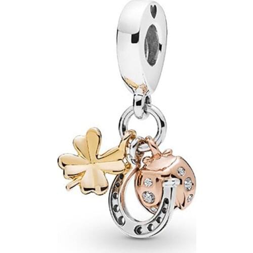 100% 925 Sterling Silver Charm Rose Golden Ladybug And Clover Pendant Fit Pandora Women Bracelet & Necklace Diy Jewelry