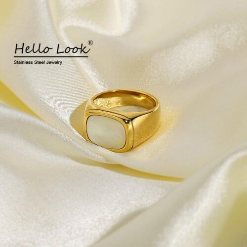 HelloLook Natural White Shell Rings for Women 18K Gold Plated Stainless Steel Rings Wedding Band Jewelry