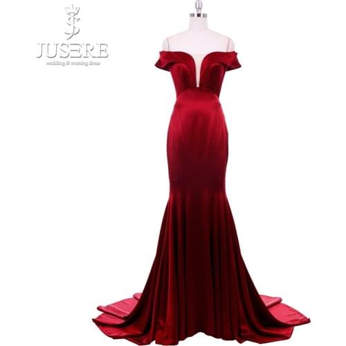 Jusere Exquisite Cutting Shape Off the Shoulder Empire Ruch Pleat Bottom Large Volume V Mermaid Burgundy Red Evening Dress 2018