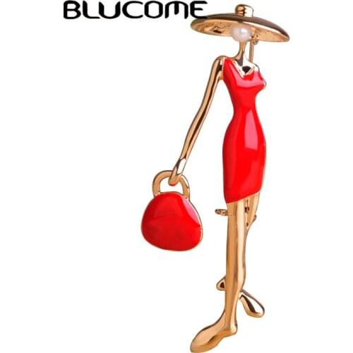 Blucome Fashion Red Paris Girls Brooches Enamel Bag Ladies Brooch Pins For Hats Scarf Suit Accessories Hot Women Corsage Bijoux