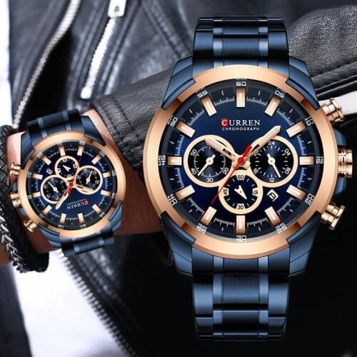 Men Watch CURREN Top Brand Luxury Sport Watches Men’s Big Dial Blue Quartz Wristwatch Chronograph Male Clock Relogio Masculino