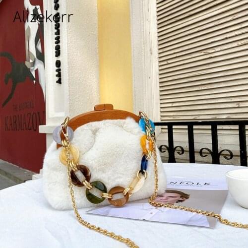 Faux Fur Wooden Handle Handbag Women 2020 New Winter Korean Elegant Acrylic Chain Clip Shoulder Bag Female Hobo Soft Plush Purse