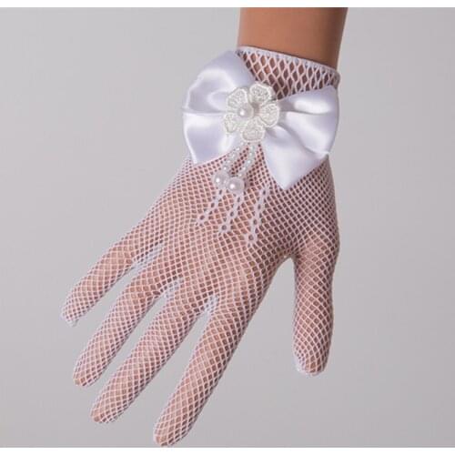 Infant Baby Children Girls Pageant Dance Princess Birthday Party Lace Gloves White Mesh Bowknot Pearls Wedding Glove Age 4~15
