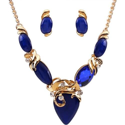 European American Big Exaggerated Retro Crystal CZ Pendant Necklace Stud Earrings Set Gold Plated Jewelry Set 1378