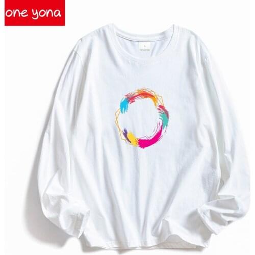 Printed T-shirt Womens O-neck White Black Long Sleeve Pure Cotton Casual Top T-shirt