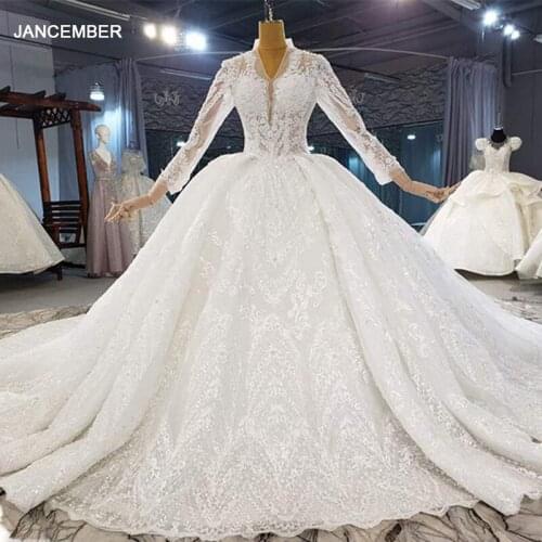 HTL2093 Long Sleeve Sexy V-Neck Ball-Gown Beaded Crystal Luxury Sequined Wedding Dress 2021 Lace Up Back