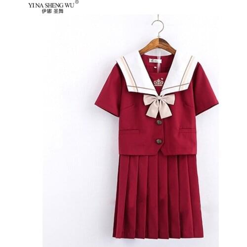 Red Japanese School JK Uniform Sailor Suit Pleated Skirt New Short Long Sleeves High School for Girl Women Set Top Skirt Cosplay