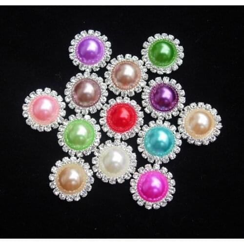 15mm Mixed 17Colors Round Metal Rhinestone Pearl Button Wedding Embellishments Headband DIY Accessory Free Shipping 100pcs/lot