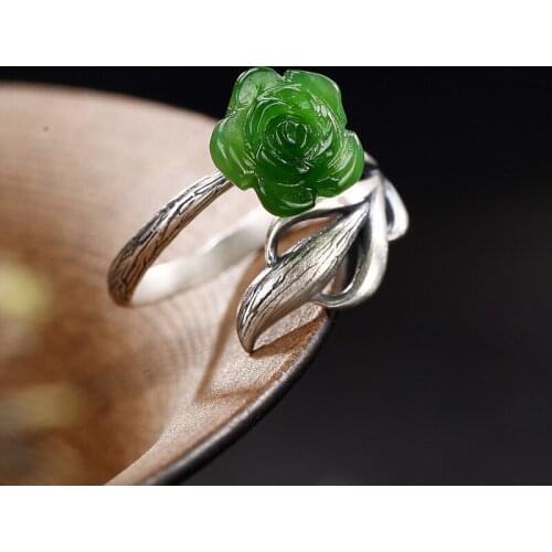 L&P S925 pure silver hetian jade jade lady rose Mosaic style restoring ancient ways ring ring wholesale