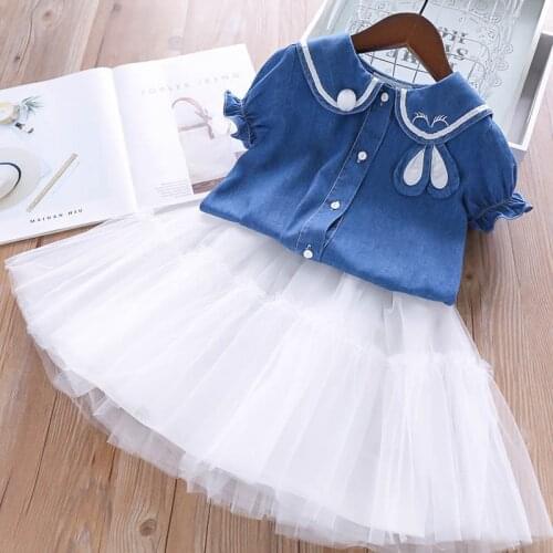 Summer Girls Shirts + Mesh Skirt Clothing Sets Child Kids Front Buttons Rabbit Collar Short Sleeve T-shirts and Tutu Skirt Cute