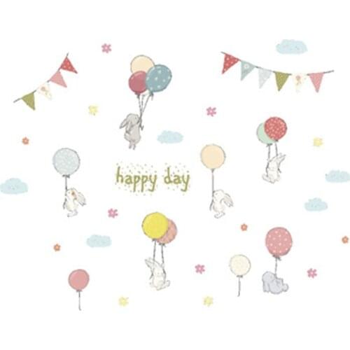 Cartoon Wall Decals Adorable Bunny Friends Balloon Wall Stickers for Nursery Kids Bedroom Classroom Decoration