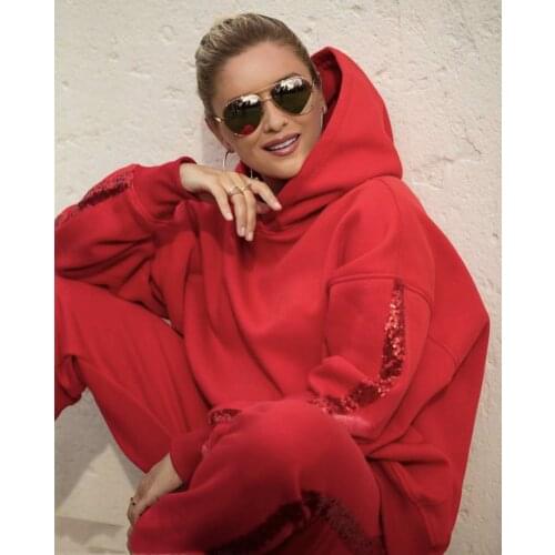 Solid Casual Sportswear Ladies Sports 2-piece Sweatshirt Pullover Hoodie Pants Suit 2020 Sequin Stitching Sports Suit