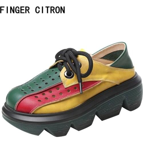Finger Citron Women Leasure Shoes With Laser Hole Genuine Cow Leather Mixed Colors Round Toe Pvc Outsole By Handmade Size 35-41