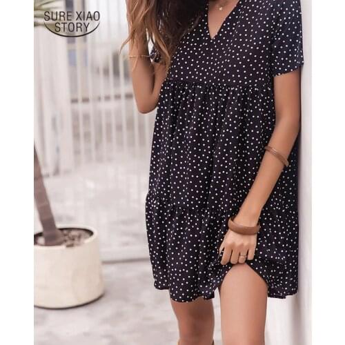 2021 V-neck Black A-line Mini Dresses Fashion Plus Size Polka Dot Dress Casual Loose Summer Short Sleeve Dress Vestido 15083