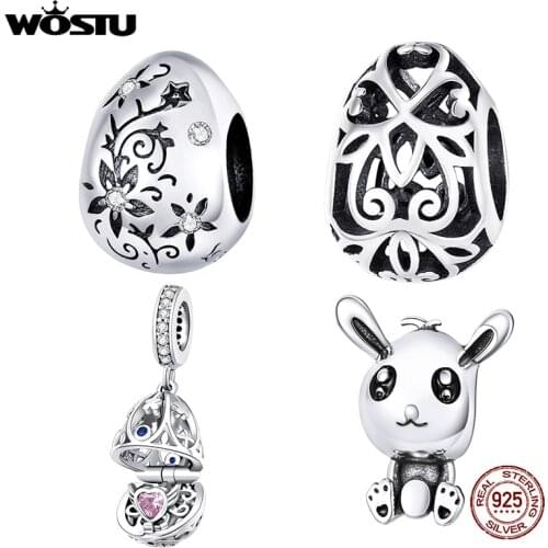 WOSTU Easter Night Charms 100% 925 Sterling Silver Easter Egg Rabbit Heart Bead Fit Original Bracelet Pendant DIY Jewelry CQC146