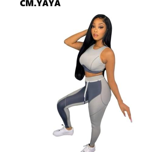 CM.YAYA Women Set Patchwork Crop Tanks Tops Stretchy Pencil Pants Bandage Sashes Two 2 Piece Sets Tracksuit Summer Outfits 2021