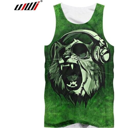 UJWI New 3D Green DJ Music Cat Man Tank Top Printed Mens Gothic Vest Hot Sale Sleeveless Unisex Recommend
