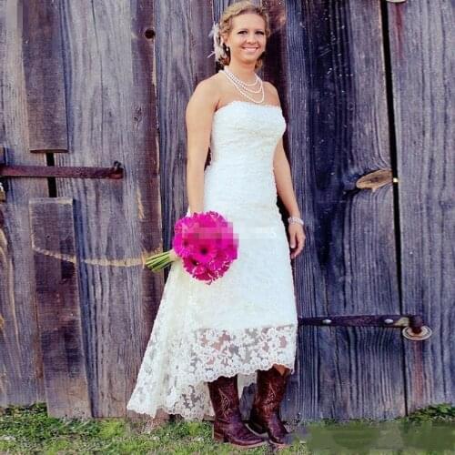 Rustic High Low Lace Country Wedding Dresses A-Line Short Strapless Spring Summer Plus Size Wedding Gowns Garden Bridal Dress