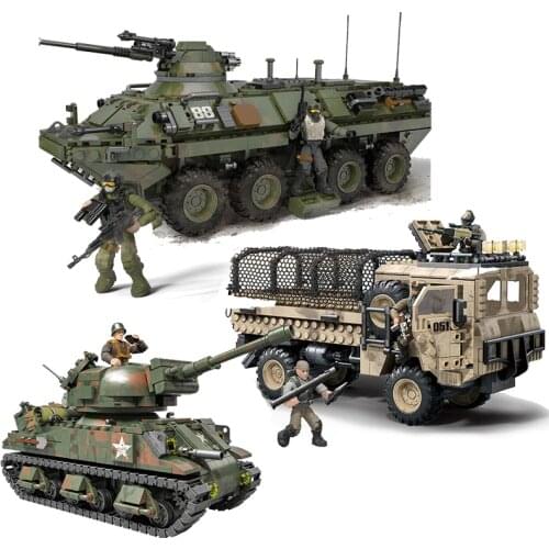 Military Series WWII Armored Vehicle Sherman Tank Heavy Tactical Truck Soldier SWAT Building Blocks Bricks Toys Gifts