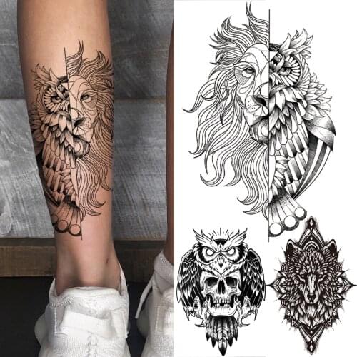 Indian Lion Owl Temporary Tattoos For Women Men Black Skull Wolf Fake Tattoo Sticker Thigh And Arm Water Transfer Tattoo Decals